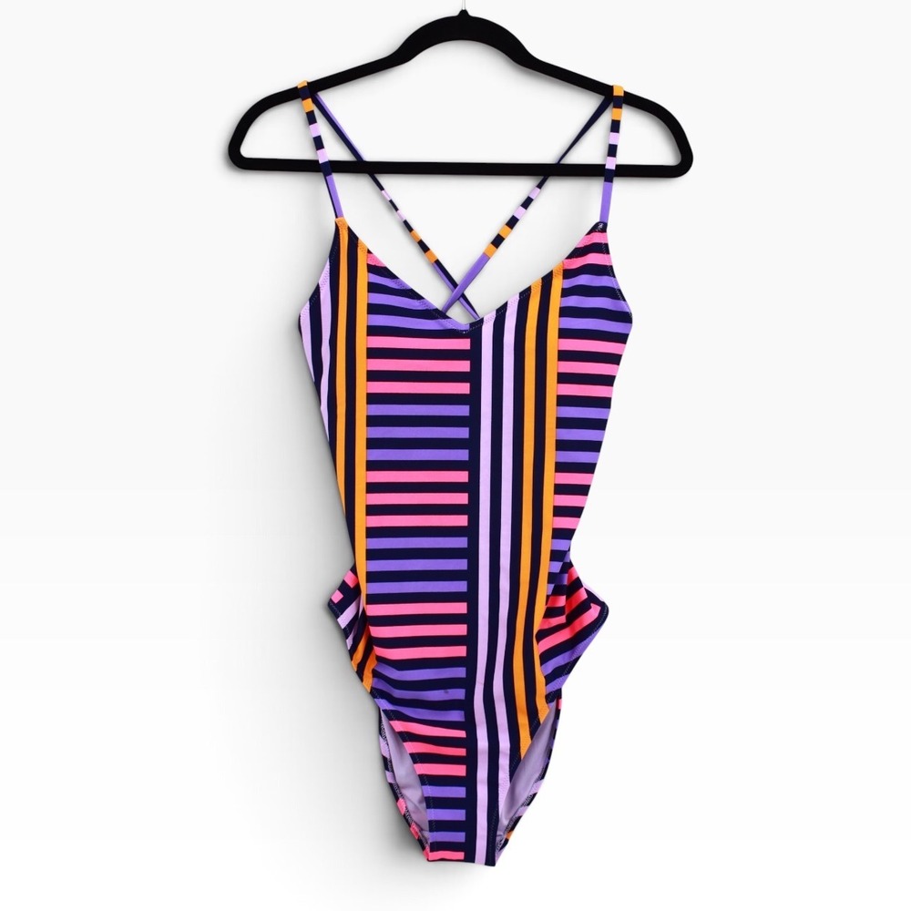 Aerie One Piece Swimsuit Junior Large Purple Pink Orange Tie Back Striped NWT